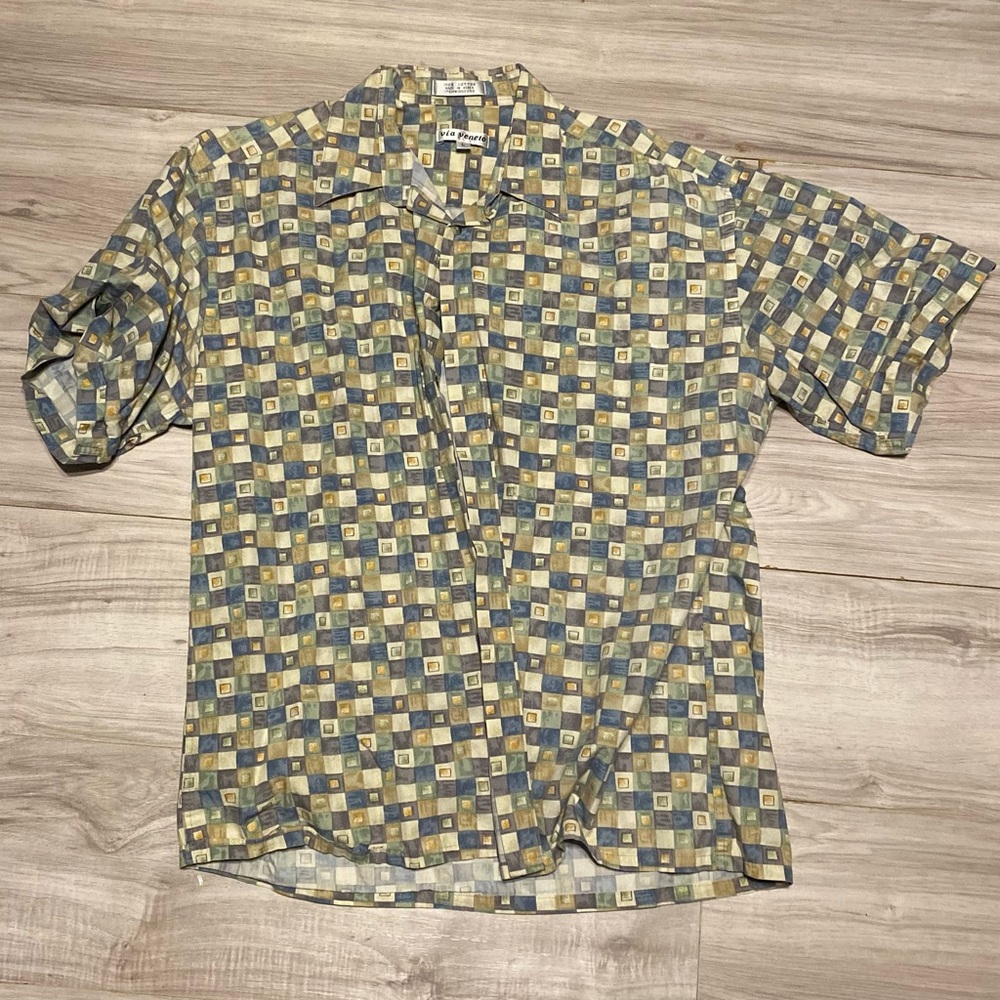 Via Veneto Mens Button Front Shirt Sz Large Colorful Squares Short